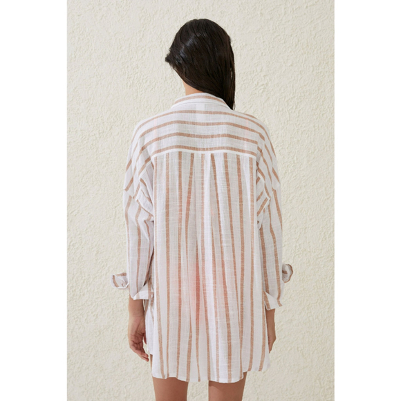 Cotton On Women's Large Brown White Striped Swing Beach Cover Up Shirt NWT - Picture 3 of 7